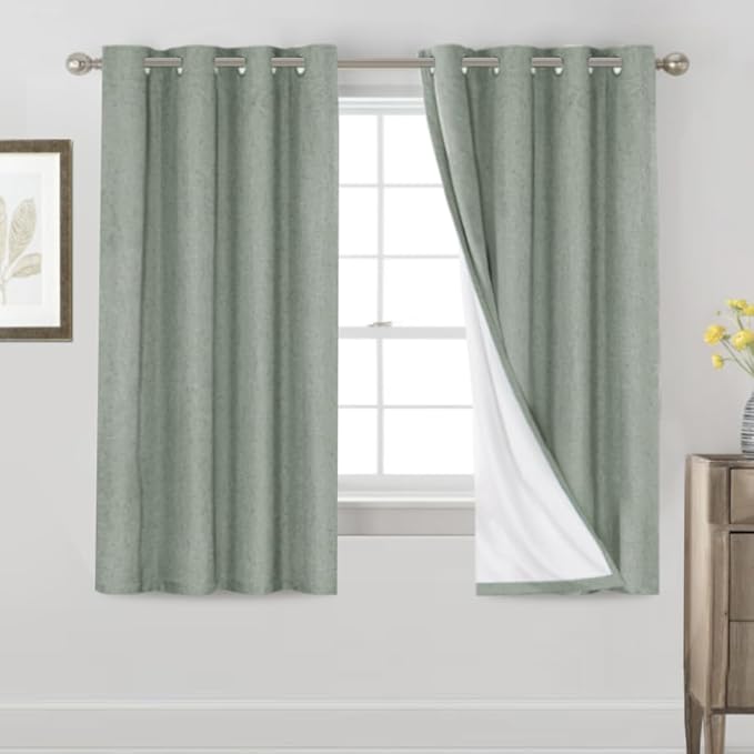 PrinceDeco Blackout Curtains 63 Inch Length 100% Blackout Linen Curtains with White Liner Thermal Insulated Textured Blackout Curtains for Windows 2 Panels Set,52" W x 63" L,Green Bay