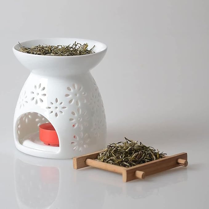 Ceramic Tea Light Holder, Aromatherapy Essential Oil Burner, Wax Warmer, Tealight Holder with White Floral Pattern for Home Decoration, 2PCS