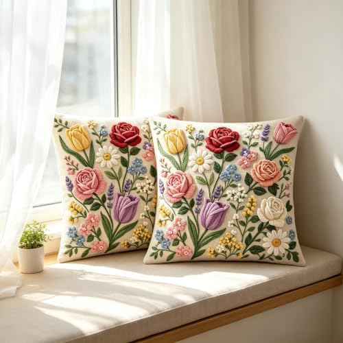 2D Flat Tulip Daisy Floral Bouquet Linen Throw Pillow Covers 18x18 Set of 2 - Image 5