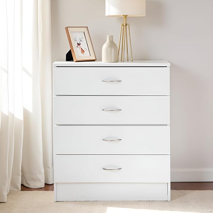 Karl home 4 Drawer Dresser for Bedroom, Small Chests of Drawers Modern Nightstand, White Dresser Chest with 4 Storage Drawers, Dressers for Nursery, Hallway, Living Room, Closet