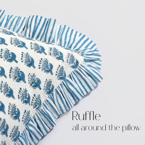 CPC Block Print Apatite Blue Ruffle Cotton Lumbar Pillow Cover 14x36 inch - Image 5