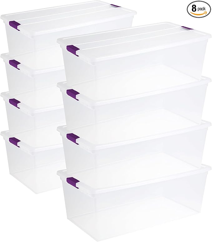 Sterilite 8-Pack 110 Quart ClearView Latch Box, Stackable Organizer Bins with Latching Lids - Clear Plastic Organization Containers for Closet, Bedroom, Shelving Units and Everyday Home Storage