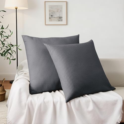 100% Cotton Waffle Weave Throw Pillow Covers Set of 2, Dark Grey, Hidden Zipper - Image 2
