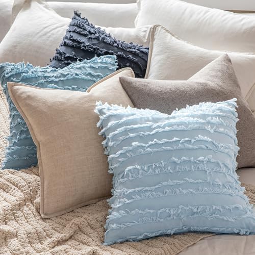 MIULEE Boho Linen Striped Throw Pillow Covers 18x18, Light Blue - Image 5