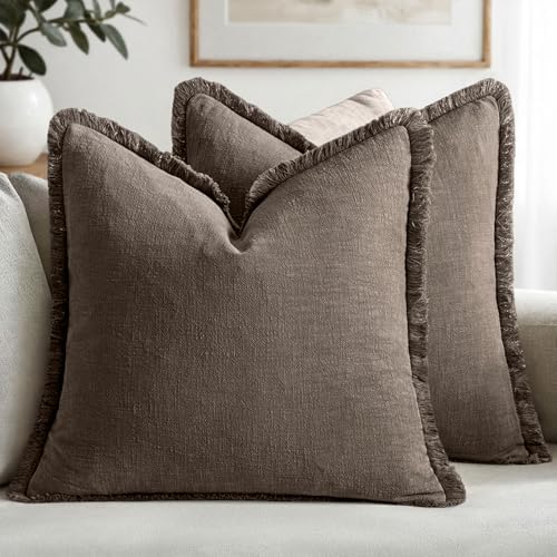 MIULEE Boho Linen Fringe Decorative Fall Throw Pillow Covers Coffee 18x18 by MIULEE