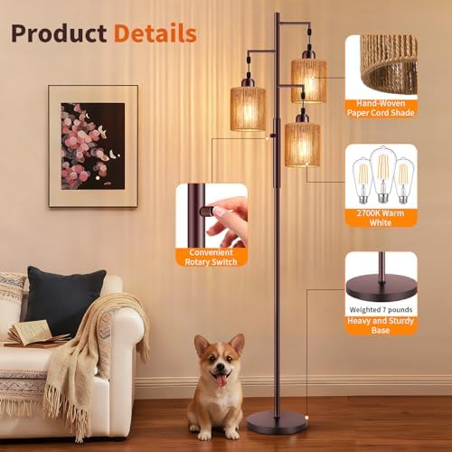 Hotsonic 72" Boho Rattan Tree Floor Lamp, Tall Dimmable Industrial Standing Lamp, Corner Decor Accent Lighting for Living Room, Bedroom, Dining Room, Nursery, Cafe (3 x 800LM Bulbs Included) - Brown - Image 5
