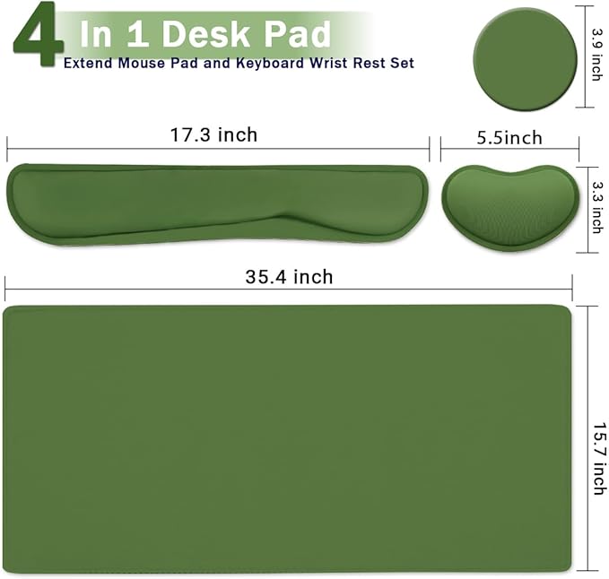 Large Keyboard Mouse Pad Set, Extended Mouse Pad+Keyboard Wrist Rest Support, Memory Foam Ergonomic Easy Typing, 4Pcs (35.4×15.11 in) Desk Pad Set for Home Office Study Game - Green