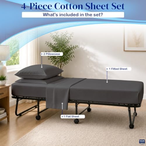 Cottingon 4 PC Cot Sheet Set 25"X75", Egyptian Cotton, Dark Grey - Image 4