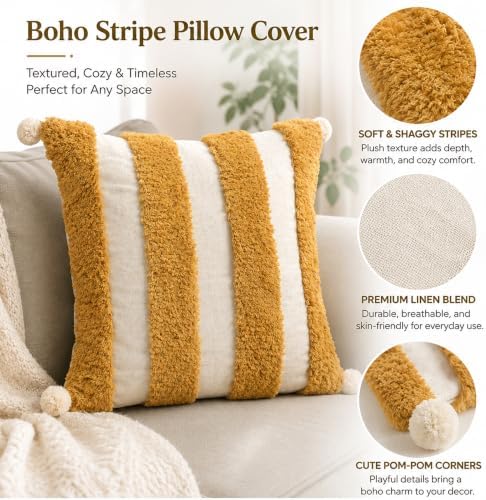 Boho Throw Pillow Covers 18x18 Tufted Decorations Mustard Yellow - Image 4