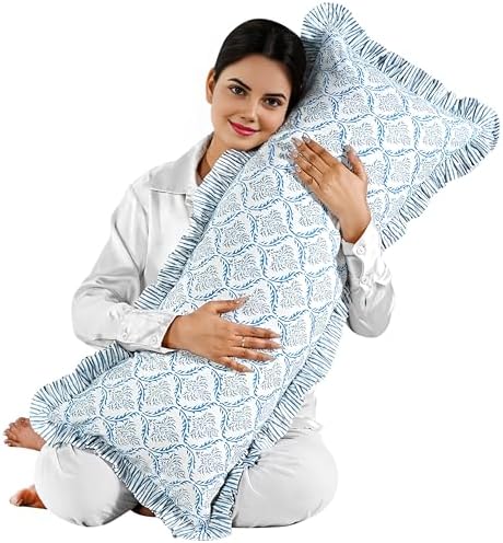 CPC Block Print Indigo Regal Ruffle Cotton Lumbar Pillow Cover 14x36 inch - Image 5