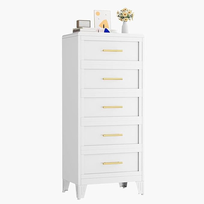 Metal Narrow Dressers & Chest of Drawers, White Tall Dresser for Bedroom, 5 Drawer Dresser with Curved Corner, Bedroom Dressers with Drawers, Storage Cabinet (White, 24" W)