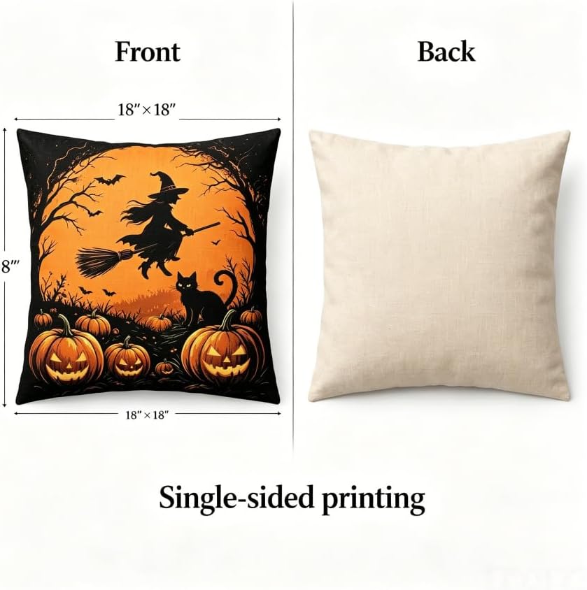 Halloween Throw Pillow Covers, Witch and Black Cat Design, 18x18 Inch, - Image 3