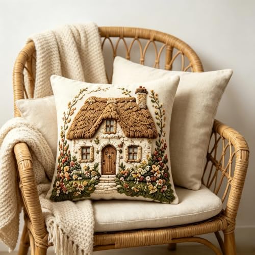 2D Flat Thatched Roof Cottage Linen Throw Pillow Covers 18x18 Set of 2 - Image 6