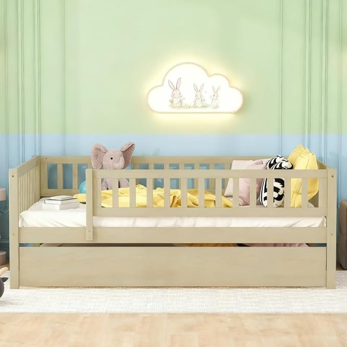 Bellemave Full Size Bed Frames with Rails for Kids, Full daybed Frame with Trundle for Boys/Girls/Adults， Natural