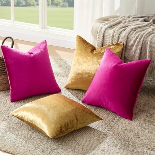 GIGIZAZA Pack of 4 Decorative Velvet Pillow Covers 16x16 Hot Pink Gold - Image 6