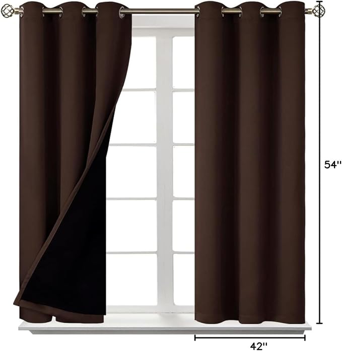 BGment Short 100% Blackout Curtains for Bedroom, Thermal Insulated Energy Efficiency Noise Reducing Grommet Curtains 54 Inch Length with Liner for Small Window 2 Panels Each 42 Inch Wide, Brown
