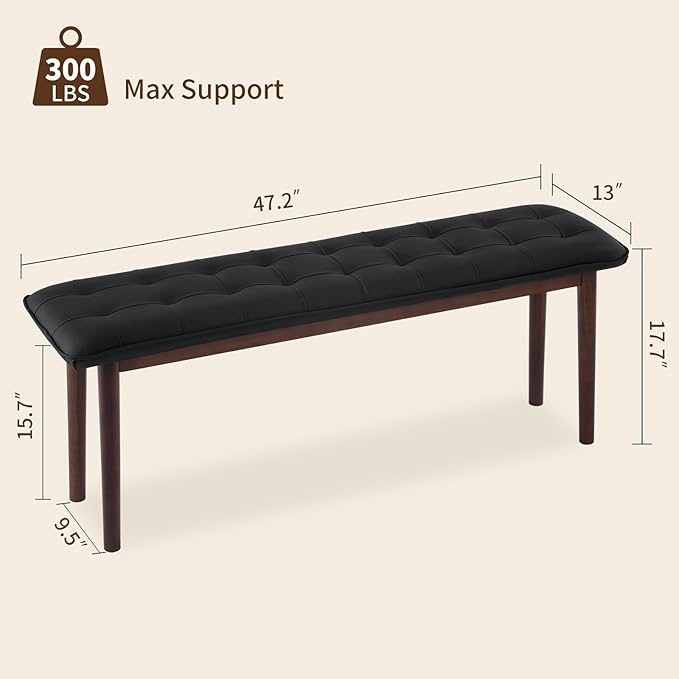 47'' Solid Wood Dining Bench with Cushion, Faux Leather Upholstered Bench for Dining Room Table, Kitchen, Entryway, or Bedroom End of Bed, Black