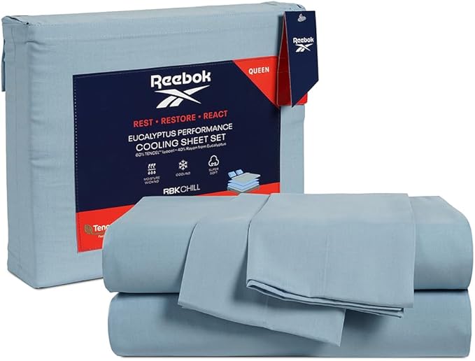 Reebok Twin Size Sheet Set from Tencel Eucalyptus - Soft, Cooling & Breathable for Hot Sleepers, Deep Pocket Up to 17 Inches, 4Pc Hotel Luxury Bedding Set, Bedsheet & Pillowcases (Niagara Mist, Twin)