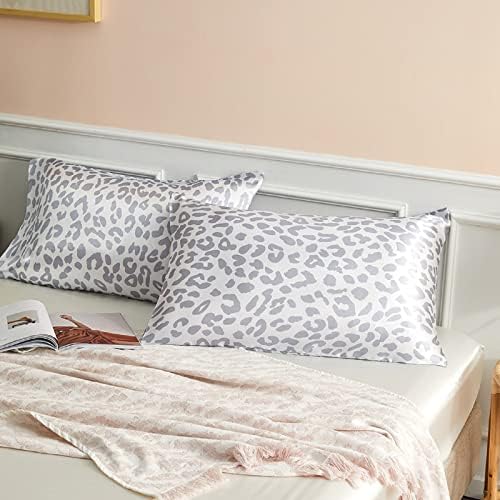 Grey Leopard Printed Pillow Cases, Queen Cheetah Satin Pillowcase by LCBD