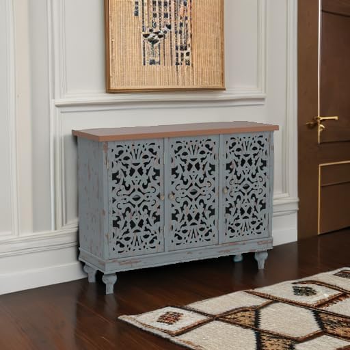 PHI VILLA Accent Cabinet with Doors - Buffet Sideboard Distressed Cupboard for Living Room/Dining Room/Hallway, Blue Storage Cabinet