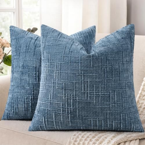 decorUhome Textured Chenille Throw Pillow Covers 20x20 Set of 2 Blue by decorUhome
