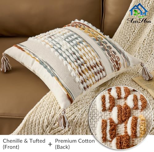AmHoo Set of 2 Chenille Striped Tufted Textured Boho Throw Pillow Covers - Image 2