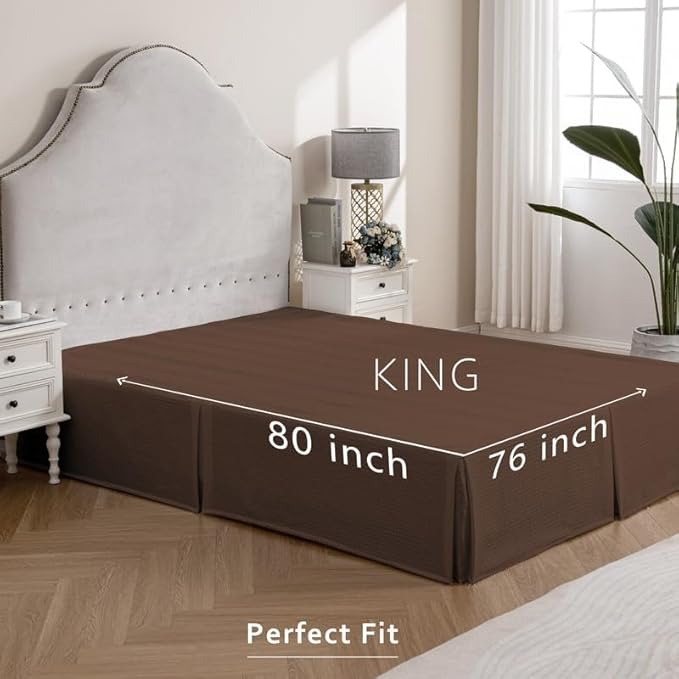 MIYE Pleated Waffle Weave Bed Skirt, Tailored Dust Ruffle 12 Inch Drop Easy Fit, Machine Washable (Brown, King - 12" Drop)