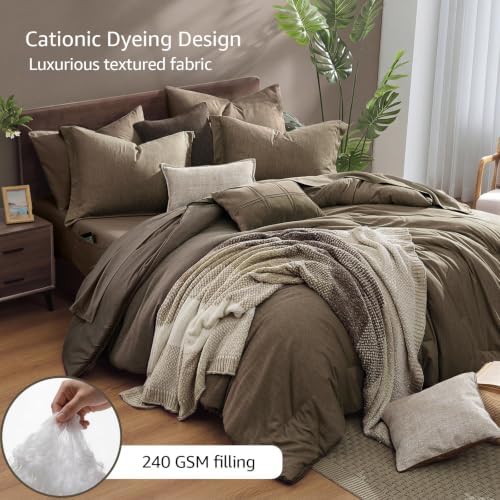 Monbix Queen Comforter Set 7 Pieces Cationic Dyeing Taupe Grey Bed in a Bag - Image 3