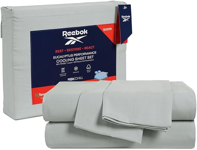 Reebok Twin Size Sheet Set from Tencel Eucalyptus - Soft, Cooling & Breathable for Hot Sleepers, Deep Pocket Up to 17 Inches, 4Pc Hotel Luxury Bedding Set, Bedsheet & Pillowcases (Lunar Rock, Twin)