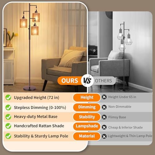 Hotsonic 72" Boho Rattan Tree Floor Lamp, Tall Dimmable Industrial Standing Lamp, Corner Decor Accent Lighting for Living Room, Bedroom, Dining Room, Nursery, Cafe (3 x 800LM Bulbs Included) - Brown - Image 3
