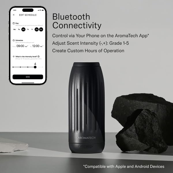 AromaTech Ambience Mini Scent Diffuser for Essential Oil Blends & Fragrances – Waterless Scent Machine w/Bluetooth for Smaller Spaces, Bathroom, Office, More - 600 Sq Ft – White Stone Acrylic