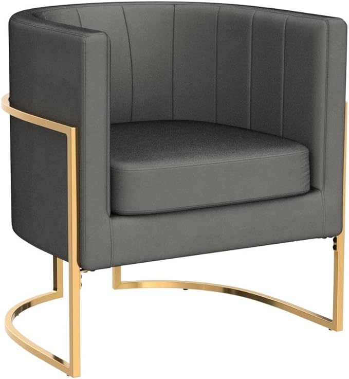 Velvet Modern Accent Chair, Upholstered Barrel Armchair Mid Century with Pillow for Living Room, Comfy Single Vanity Chair with Metal Gold Legs for Bedroom, Grey