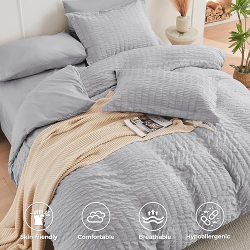 HYMOKEGE Light Grey Full Size Comforter Sets Seersucker 7 Pieces, All Season - Image 3