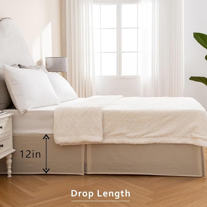 MIYE Pleated Waffle Weave Bed Skirt, Tailored Dust Ruffle 12 Inch Drop Easy Fit, Machine Washable,No Split Corners (Beige, Full - 12" Drop)