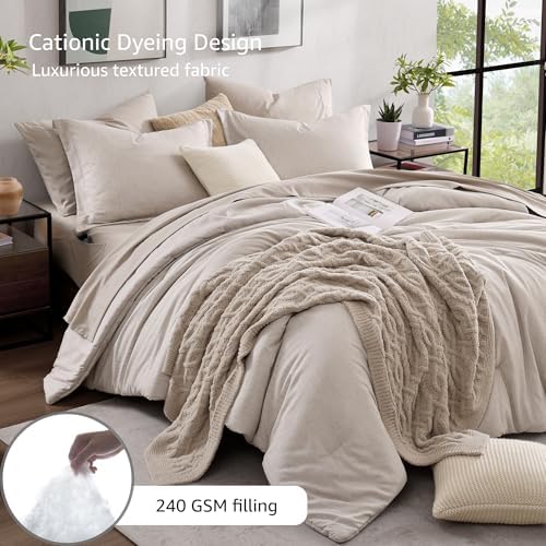 Monbix Full Size Comforter Set 7 Pieces Oatmeal Beige Bed in a Bag - Image 3