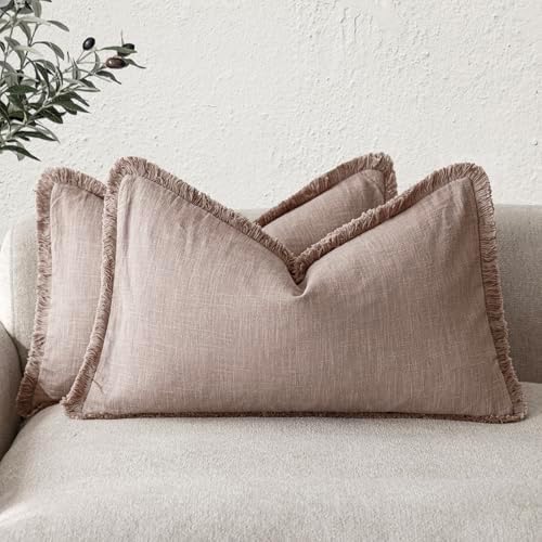 Foindtower Boho Linen Fringe Lumbar Throw Pillow Covers 12×24 Dusty Pink by Foindtower