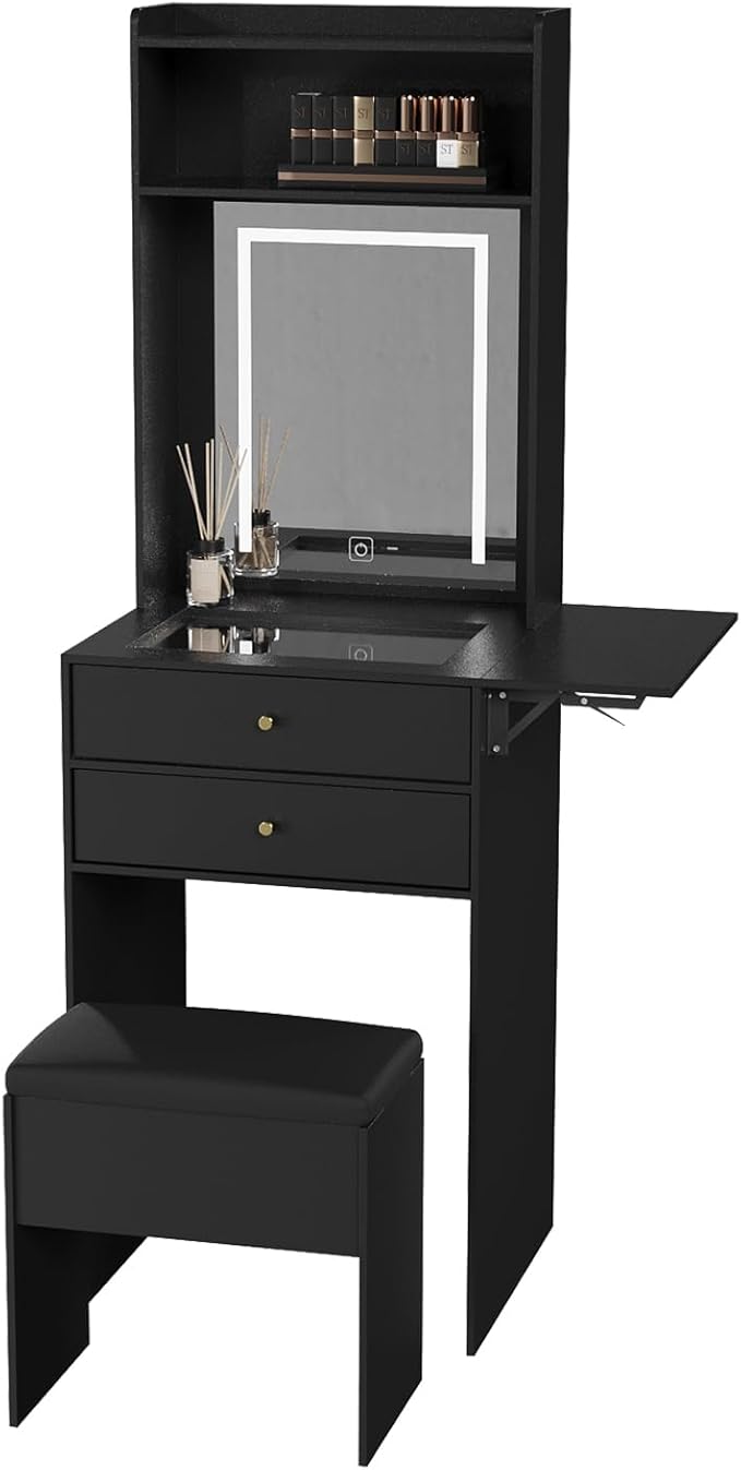 ARTETHYS Small Vanity Desk Set with 3 Adjustable Lighted Mirror and Storage Chair Mini Black Makeup Vanities Set for Bedroom Compact Make up Dressing Table with Fold-up Panel for Tiny Space