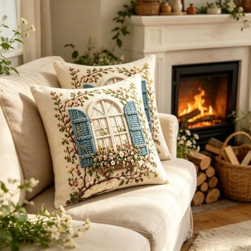 2D Flat French Arch Window Floral Linen Throw Pillow Covers 18x18 Set of 2 - Image 5