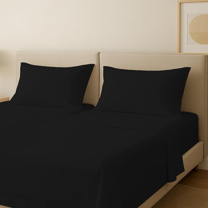 Carressa Linen Luxury Egyptian Cotton 5 PC Split King Size Sheet Set - 600 Thread Count Deep Pocket Fitted and Flat Sheet,Soft,Cooling Extra Long Staple Hotel-Quality Bedding with Sateen Weave - Black