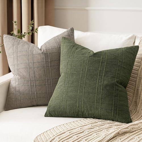 MIULEE Linen Plaid Pillow Covers Decorative 18x18 Dark Olive Green - Image 3