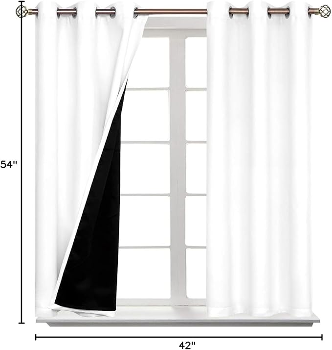 BGment Short 100% Blackout Curtains for Bedroom, Thermal Insulated Energy Efficiency Noise Reducing Grommet Curtains 54 Inch Length with Liner for Small Window 2 Panels Each 42 Inch Wide, Pure White