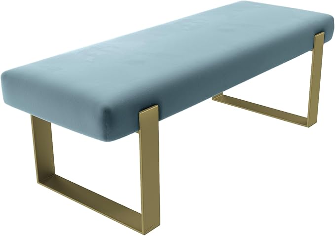 VANT Upholstered Bed Bench - Velvet Antique Blue - Burnished Brass - Contemporary Modern, Bedroom Bench Seat, Hallway, or Entryway
