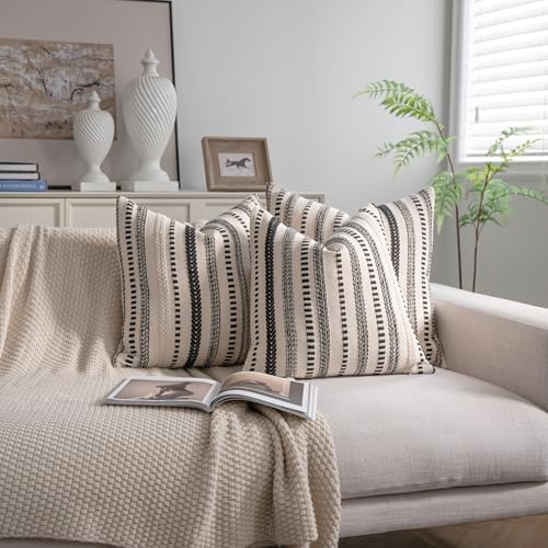 Cethom Black Boho Throw Pillow Covers 20x20 Inch Set of 2, Stripe Textured - Image 2