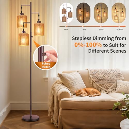 Hotsonic 72" Boho Rattan Tree Floor Lamp, Tall Dimmable Industrial Standing Lamp, Corner Decor Accent Lighting for Living Room, Bedroom, Dining Room, Nursery, Cafe (3 x 800LM Bulbs Included) - Brown - Image 4