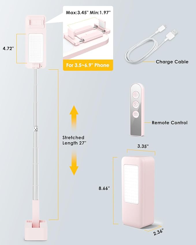 Phone Stand for Recording, Overhead Phone Mount with Light, Selfie Stand,Portable,Extendable,360° Rotate,Adjustable,Wireless Remote,Rechargeable, for 3.5-6.9" Phones, Live Streaming