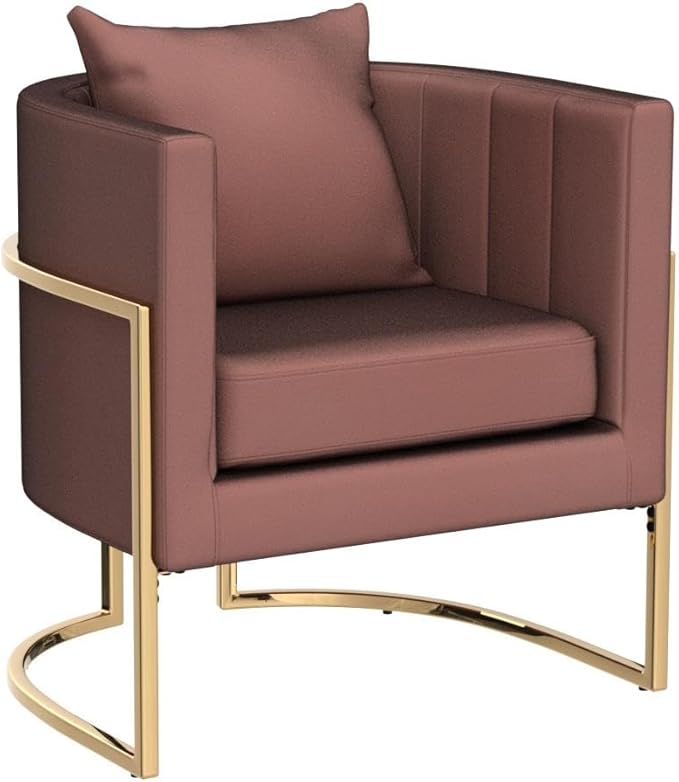 Velvet Modern Accent Chair, Upholstered Barrel Armchair Mid Century with Pillow for Living Room, Comfy Single Vanity Chair with Metal Gold Legs for Bedroom, Pink