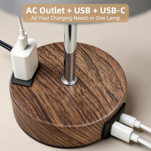 Table Lamp, Dimmable Touch, AC Outlet, USB A+C (Grey&Walnut) - Image 2