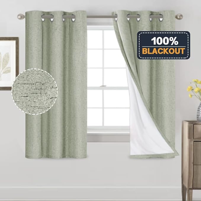 PrinceDeco 100% Blackout Curtains for Bedroom 64 Inches Long Thermal Insulated Textured Blackout Curtains 2 Panels Set Grommet Room Darkening Curtains for Bedroom Living Room(42x64 inch,Sage)