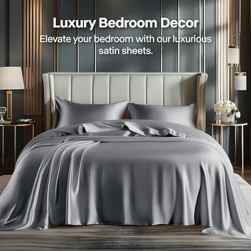BEDELITE Satin Sheets Queen Size Bed Set, Dark Grey, 4 Pieces - Image 2