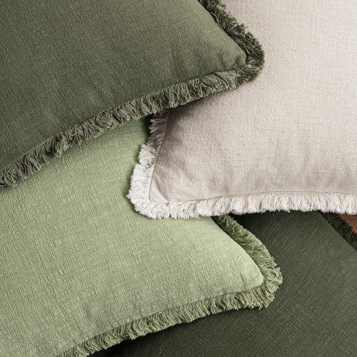 MIULEE Fall Linen Fringe Pillow Covers Set of 4 20x20 Beige/Sage Green - Image 6